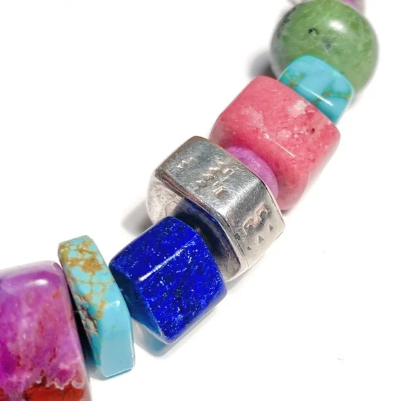 Harold Lujan Unsigned Bracelet w/ Sterling Hand Stamped Beads & Hand Cut Stones - Picture 7 of 16